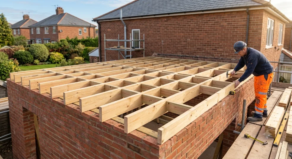 Flat roof timber joists being installed on a brick extension
