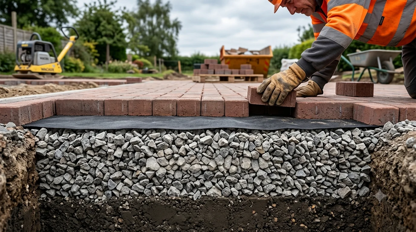 Permeable paving sub-base cross-section showing aggregate layers