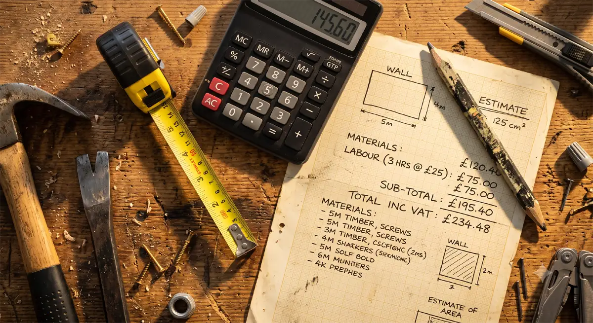Builder comparing accurate material estimate against actual spend figures on a completed building project