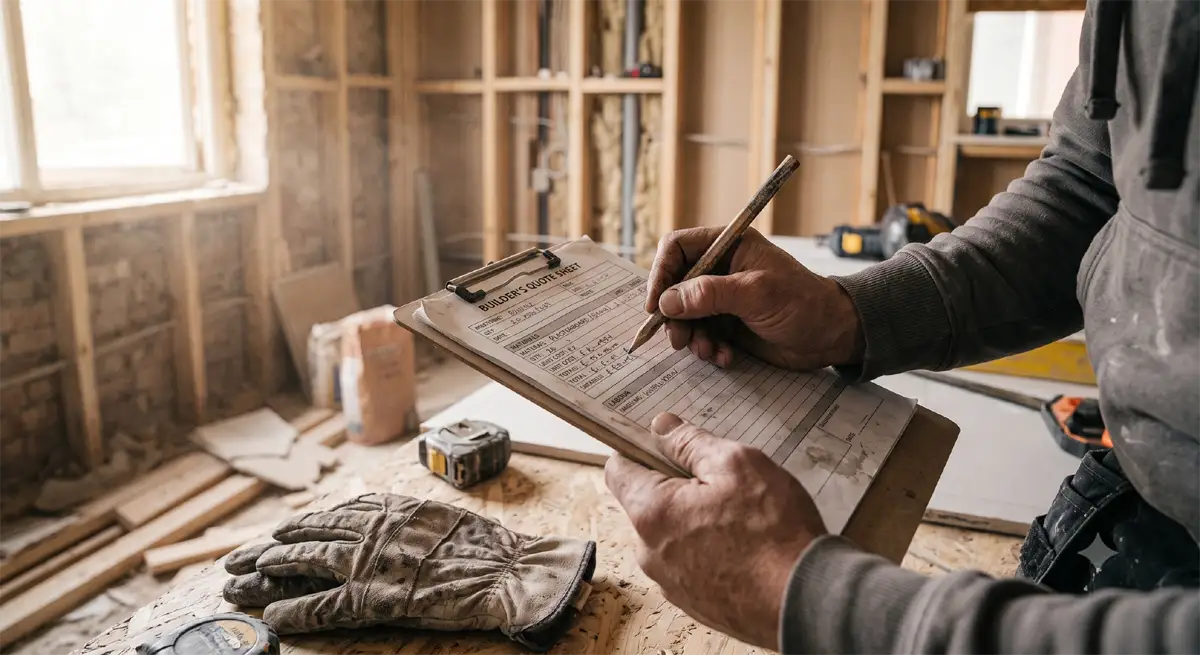Builder at desk calculating job price with quote documents and a calculator
