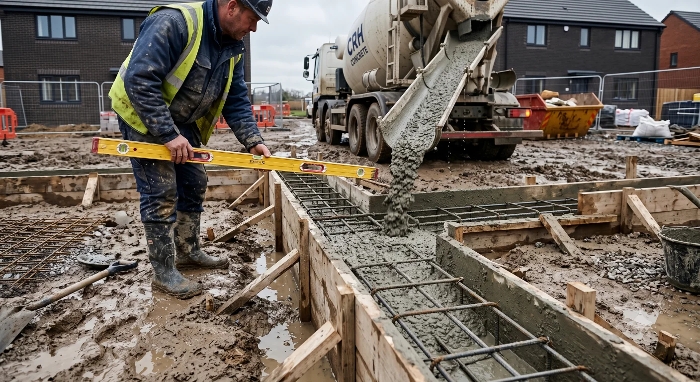 Ready-mix concrete truck pouring into strip foundation trench for a house extension
