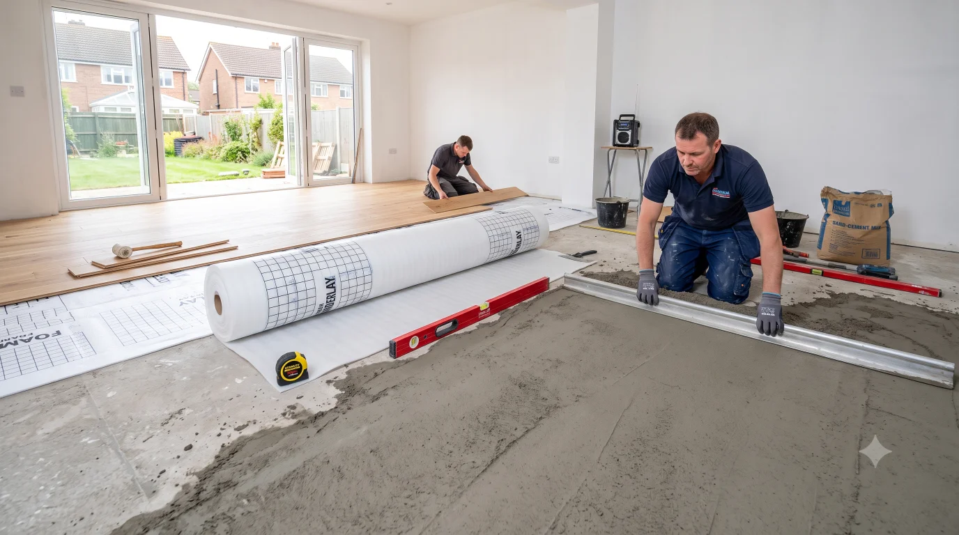 Sand cement screed being levelled with foam underlay roll and engineered wood flooring boards visible in background