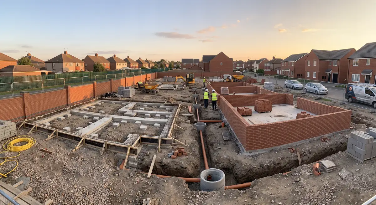 Concrete being poured into strip foundation trench during groundworks on a house extension