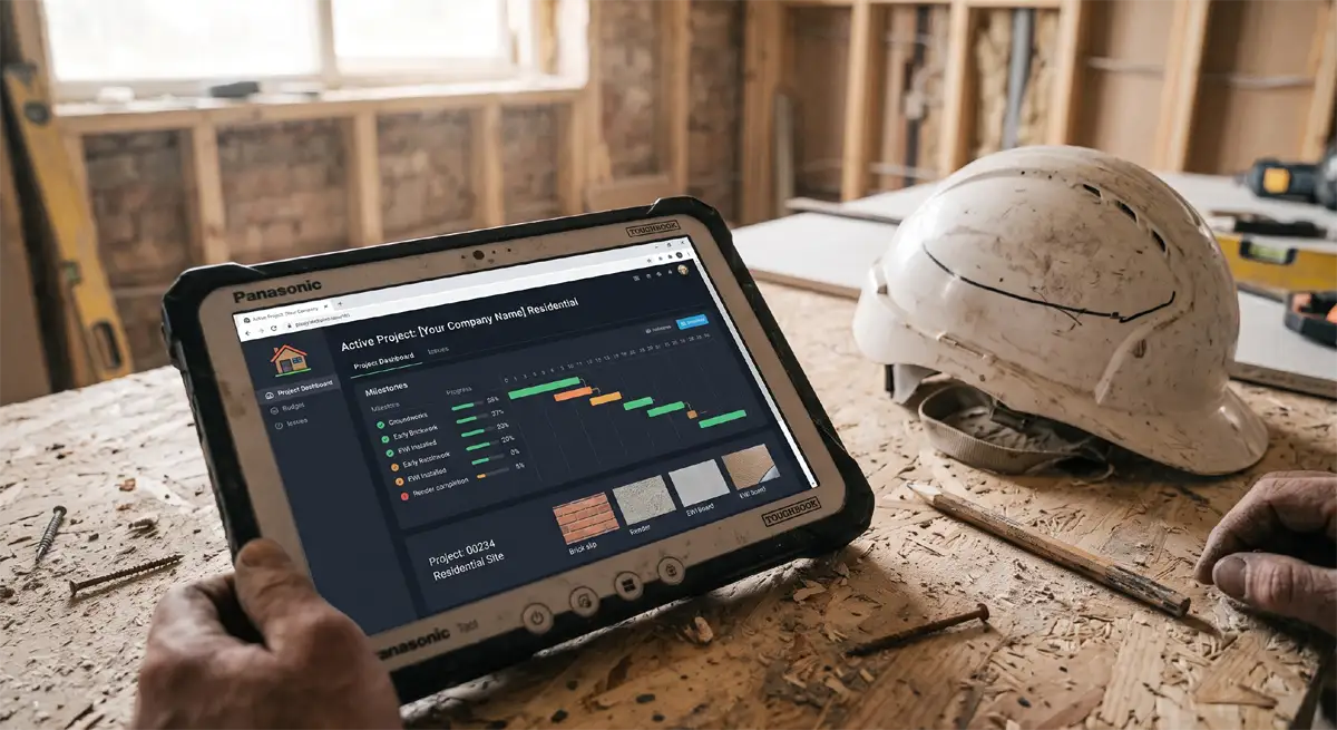 Builder using laptop to manage project estimates and material costs online