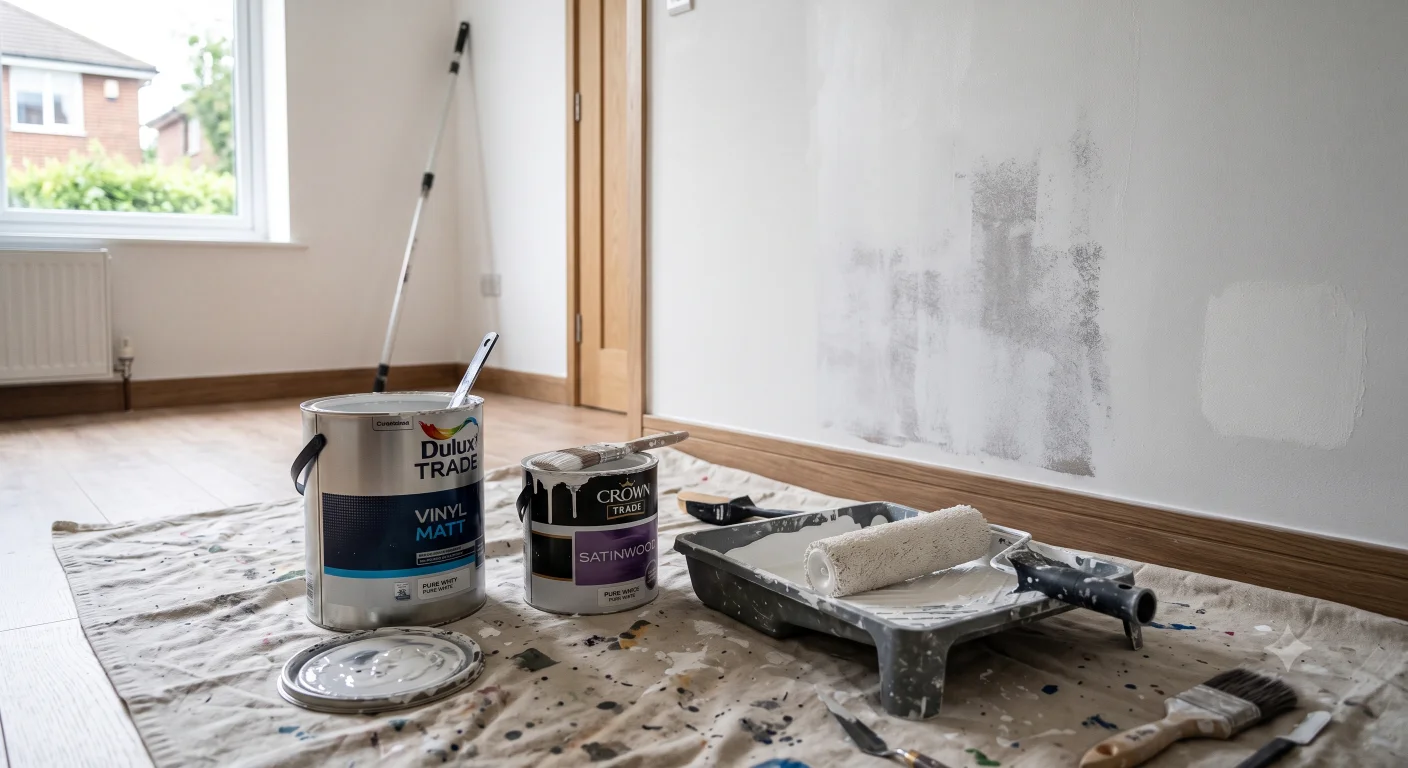Paint roller tray and emulsion tin showing coverage calculation for interior wall painting