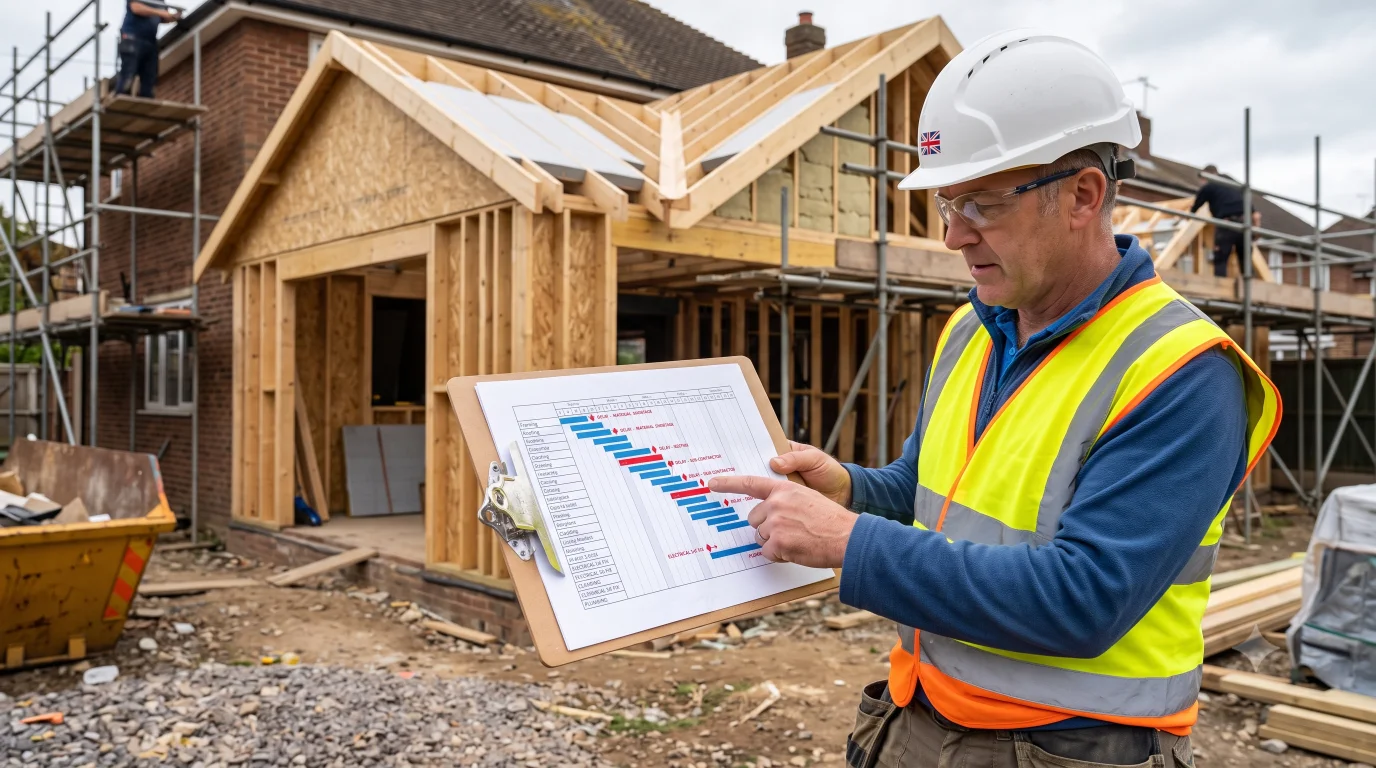 Site manager on construction site reviewing Gantt chart programme showing delayed tasks and timeline slippage