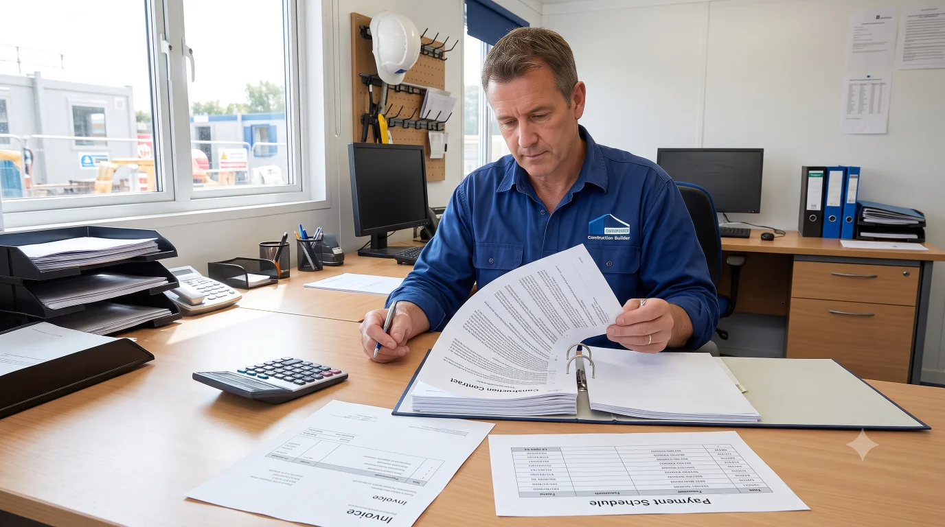 Builder reviewing staged payment schedule and contract documents for a fixed-price building job
