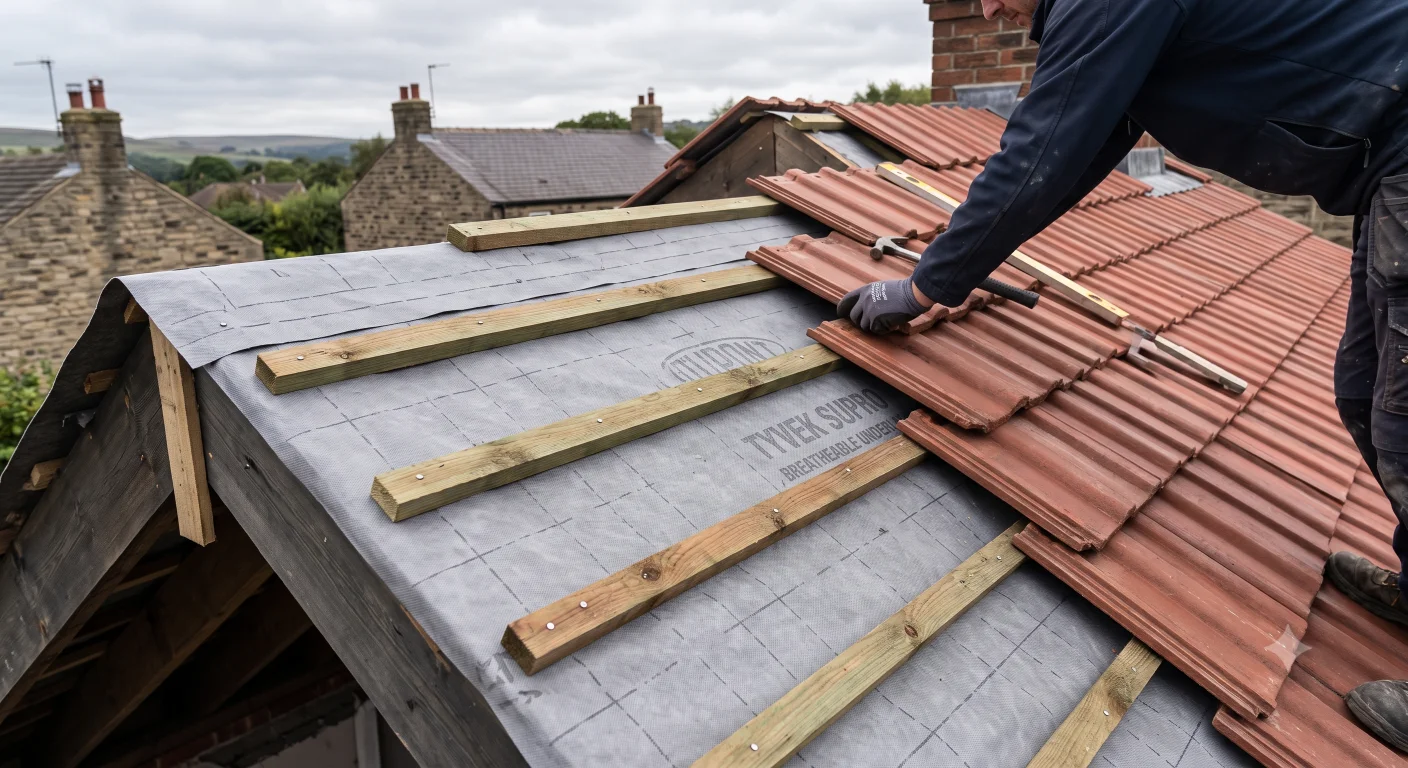 Roof tiles, battens and underlay on a pitched roof