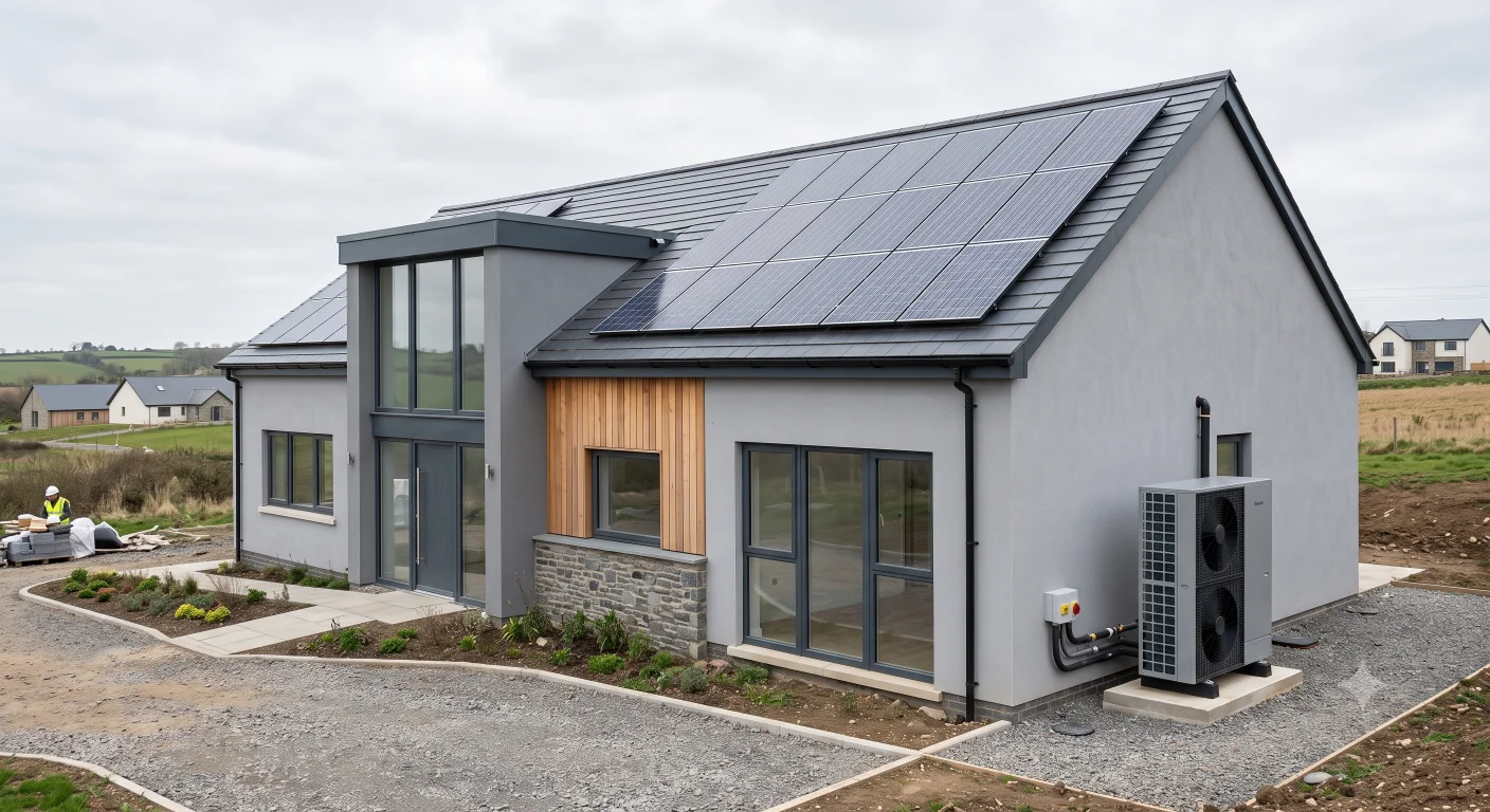 Solar PV panels on a pitched self-build roof alongside an air source heat pump unit outside the building