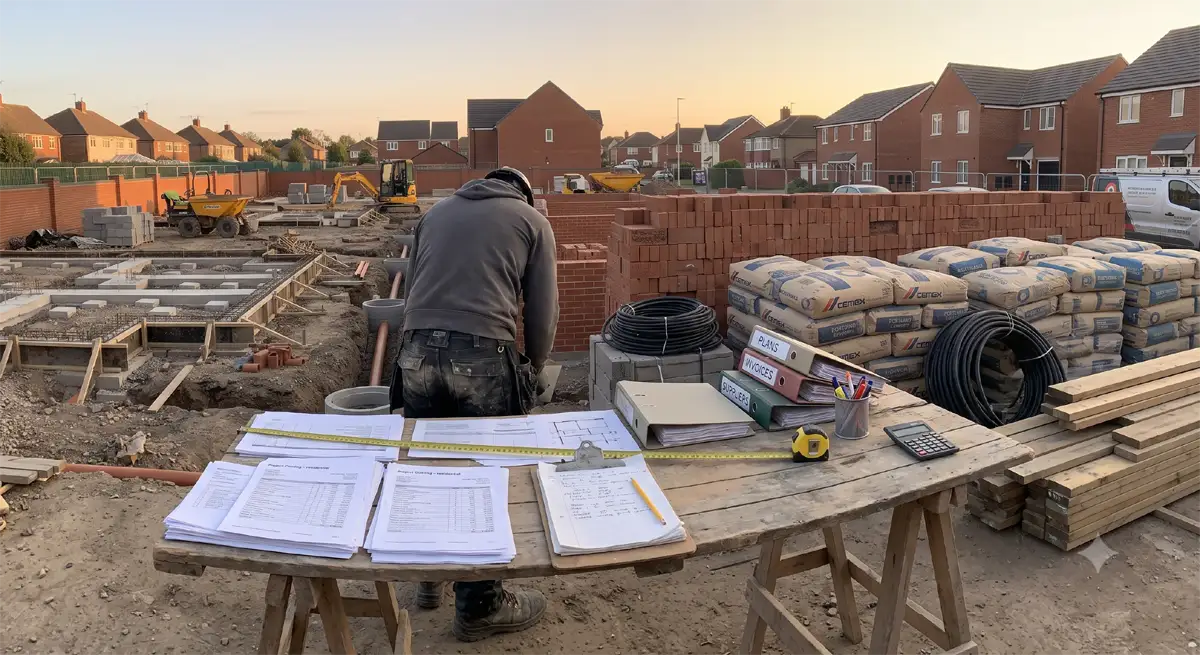 Builder reviewing material cost tracking records and project invoices