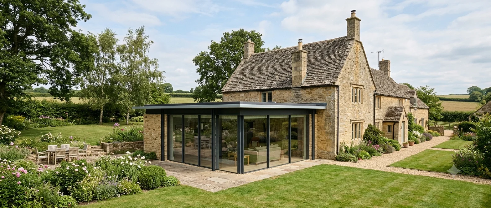 Contemporary glass and steel extension to a Grade II listed stone farmhouse - subordinate design with clear distinction from the original building