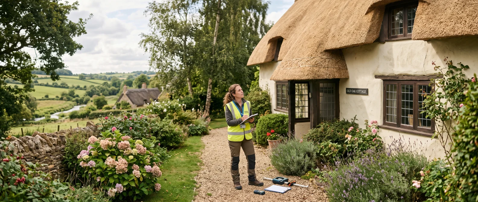 Specialist craftsman repointing original stone masonry using traditional lime mortar on a listed farmhouse - the type of skilled labour that listed building insurance must cover