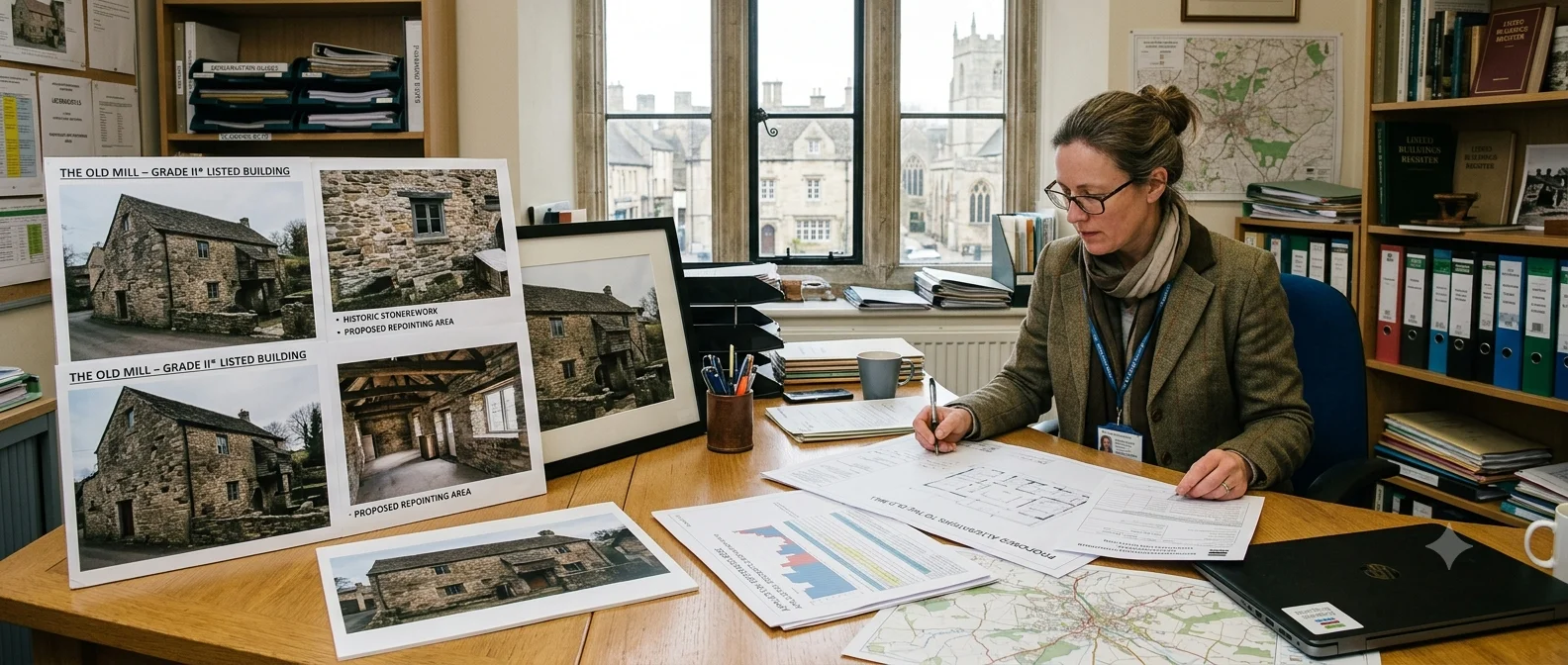 Heritage planning officer reviewing Listed Building Consent application drawings and photographs at a desk