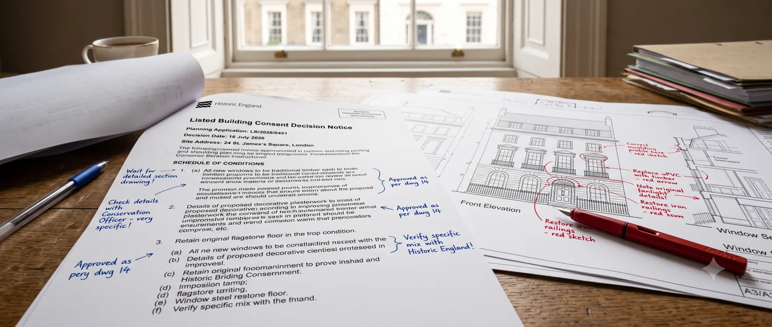 Listed Building Consent decision notice with planning conditions highlighted alongside architectural drawings on a desk