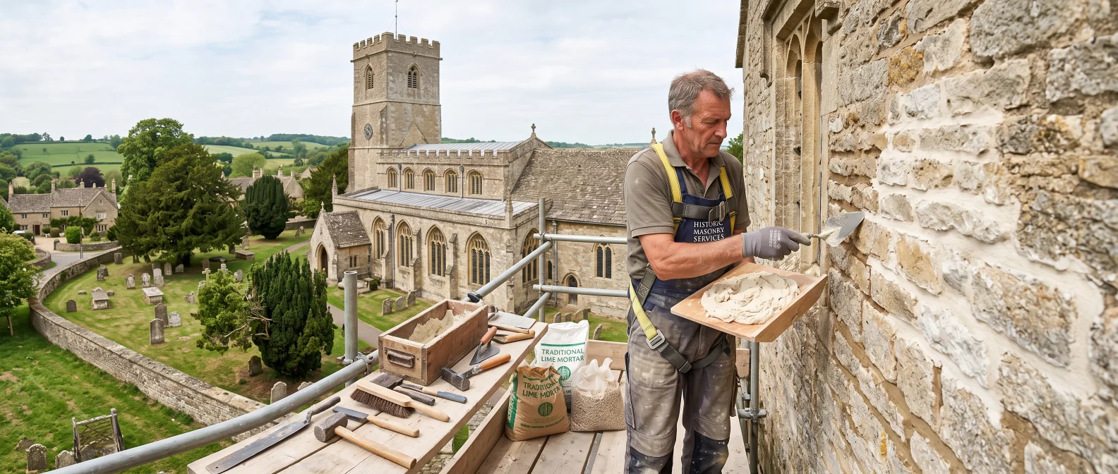 Specialist heritage builder repairing traditional lime mortar joints in original stonework of a Grade II listed farmhouse - typical exempt listed building maintenance