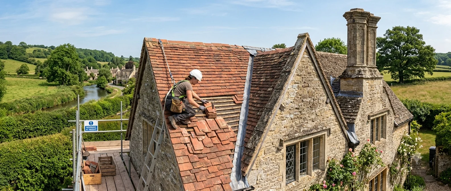 Traditional clay peg tile roof on a Grade II listed cottage being repaired by a specialist heritage roofer - typical listed building roofwork