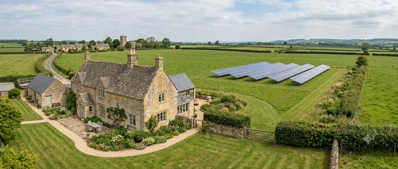 Ground-mounted solar array in the walled garden of a Grade II listed property - an alternative to roof-mounted panels that avoids direct impact on listed building fabric