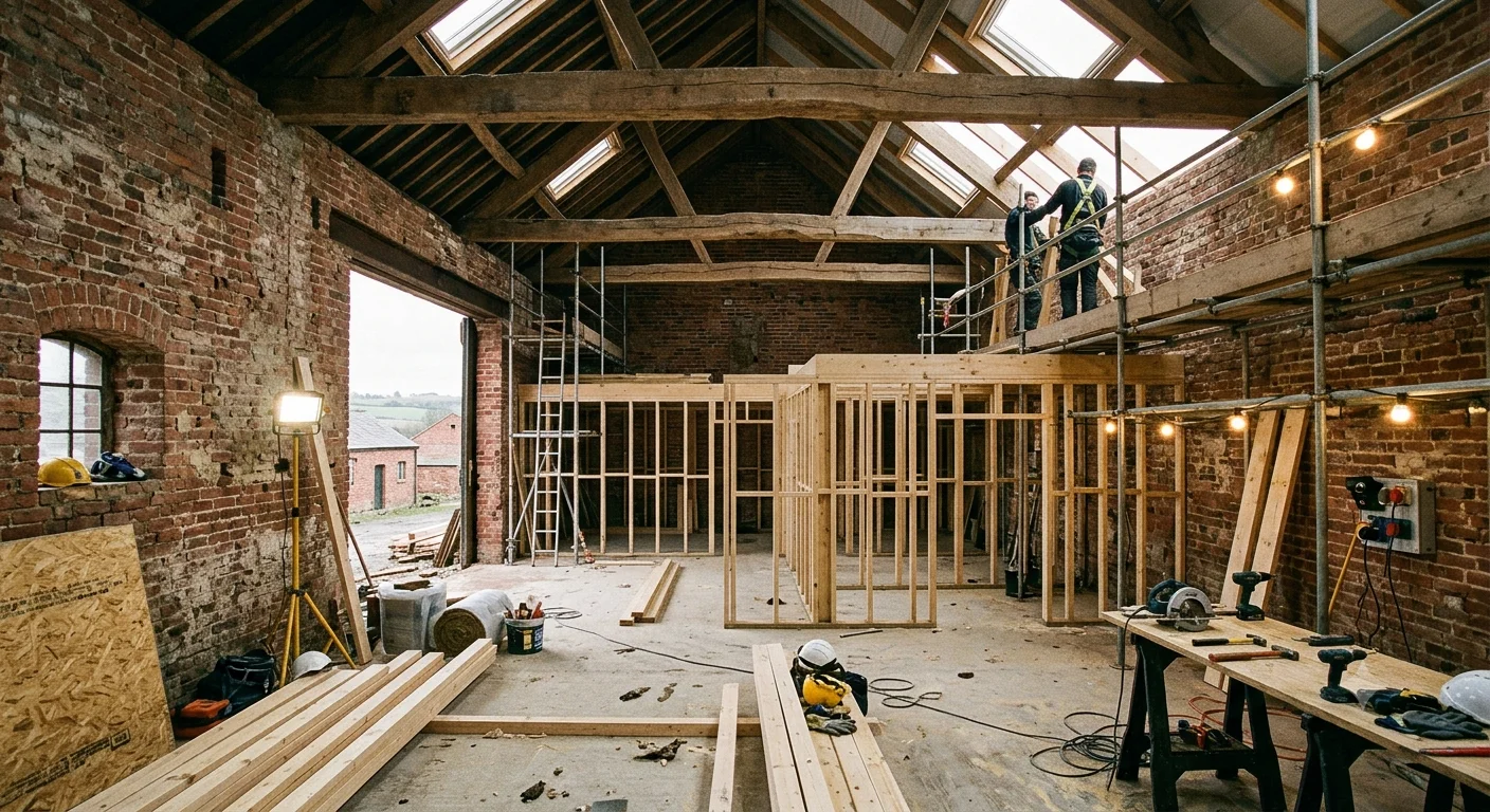 Former retail shop unit being converted into a residential flat in an English town centre, with hoarding and scaffolding visible