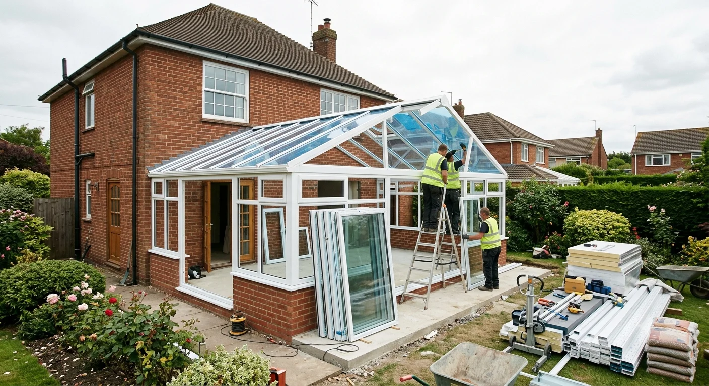 Glass and brick conservatory built on the rear of an English semi-detached house, with uPVC frames and a polycarbonate roof