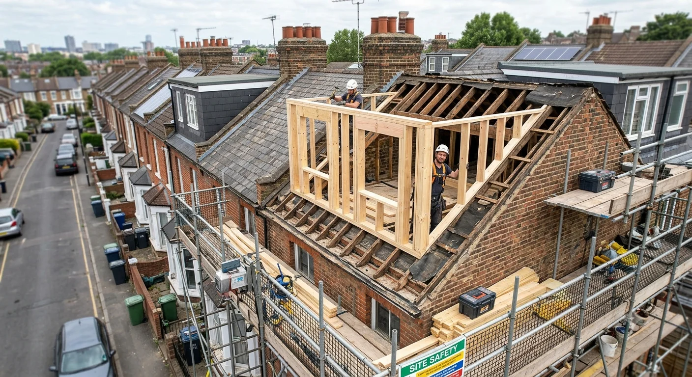 Large flat-roof rear dormer extension on a Victorian terraced house in England, clad in zinc with two windows