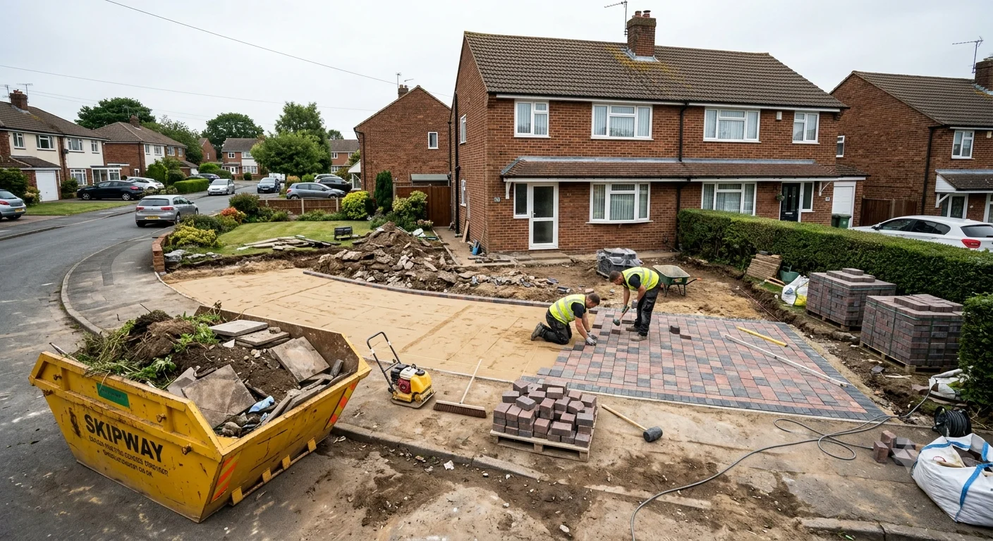 New block paved front garden driveway with dropped kerb in a suburban street in England