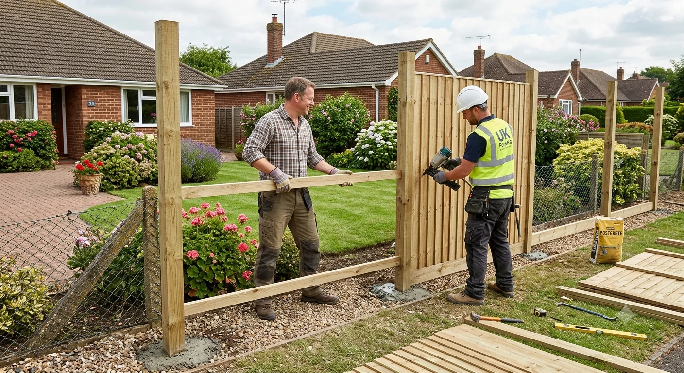 Close-boarded timber fence panel being installed along a rear garden boundary in England
