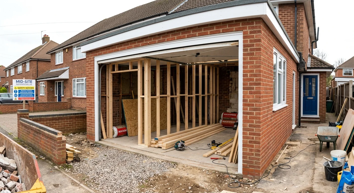 Integral garage being converted to a habitable room in an English semi-detached house, with new insulated walls and window replacing the garage door opening
