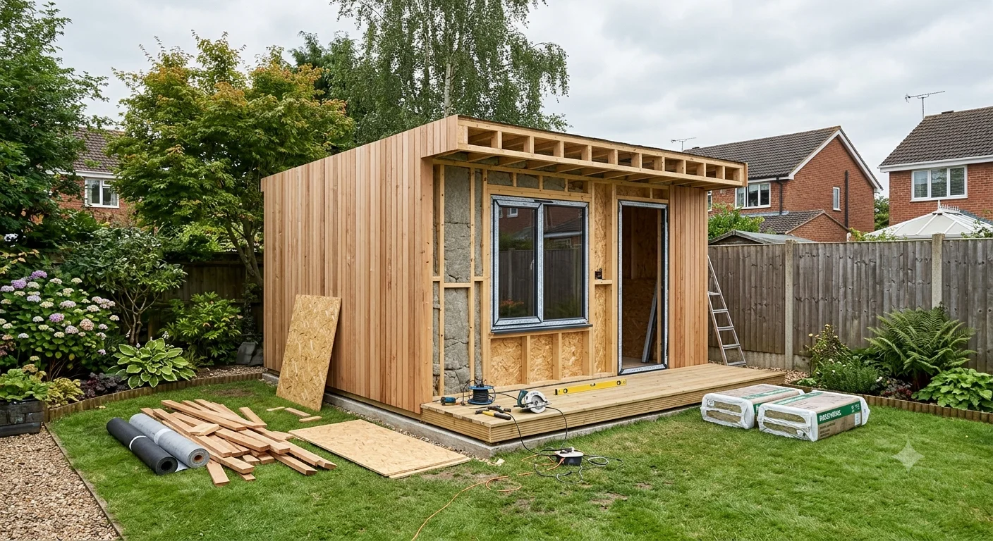 Modern insulated garden studio with large glazed doors used as a home office in an English suburban garden, with timber cladding and a flat roof