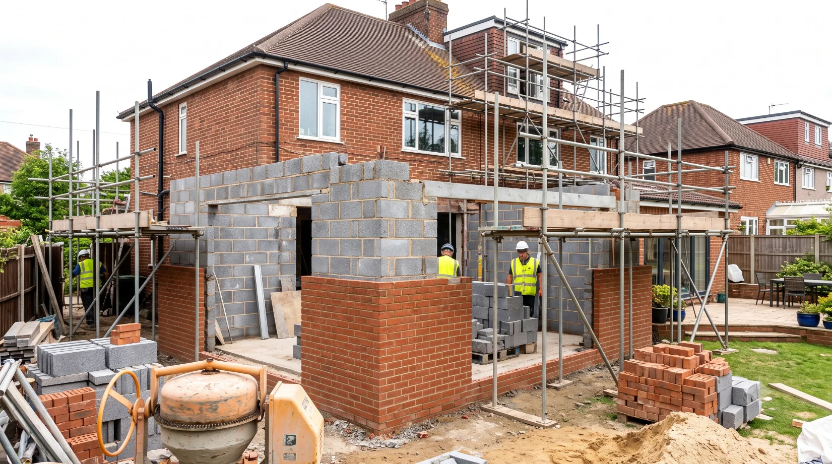 Single-storey rear extension under construction on a brick semi-detached house in England, showing timber frame and block work before render