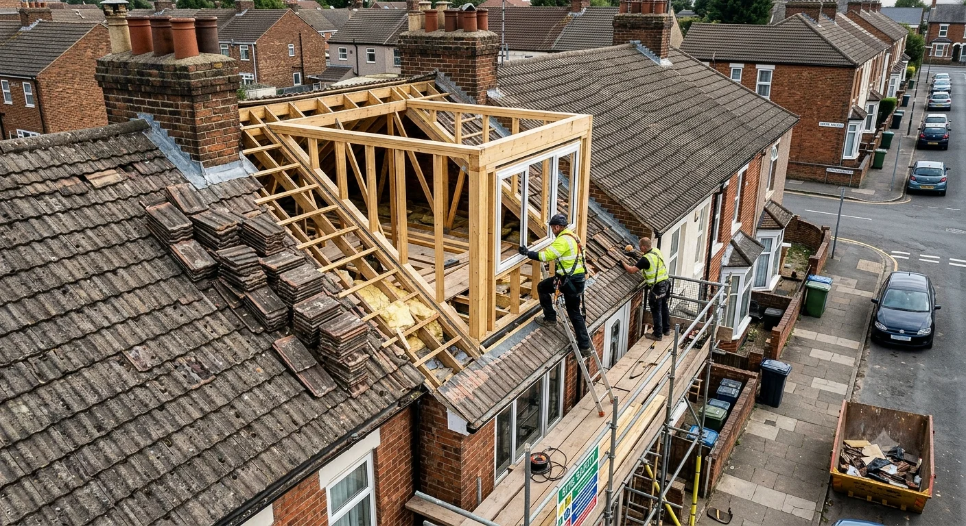 Rear dormer loft conversion under construction on a semi-detached house in England, showing new structural frame and roof timbers before weatherproofing