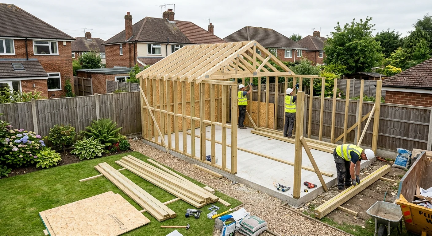 Timber framed garden workshop with felt roof being erected in an English suburban garden, with surrounding fence and lawn visible