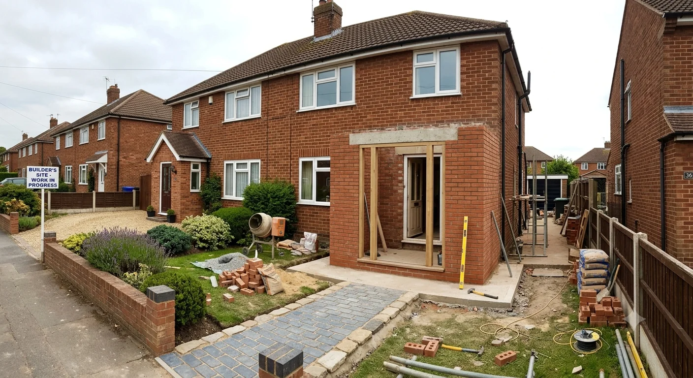 Newly built red brick porch with pitched roof and glazed side panels on the front of a semi-detached house in England