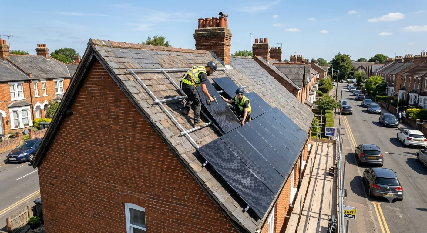 Solar photovoltaic panels installed flush on a south-facing tiled roof of a detached house in England