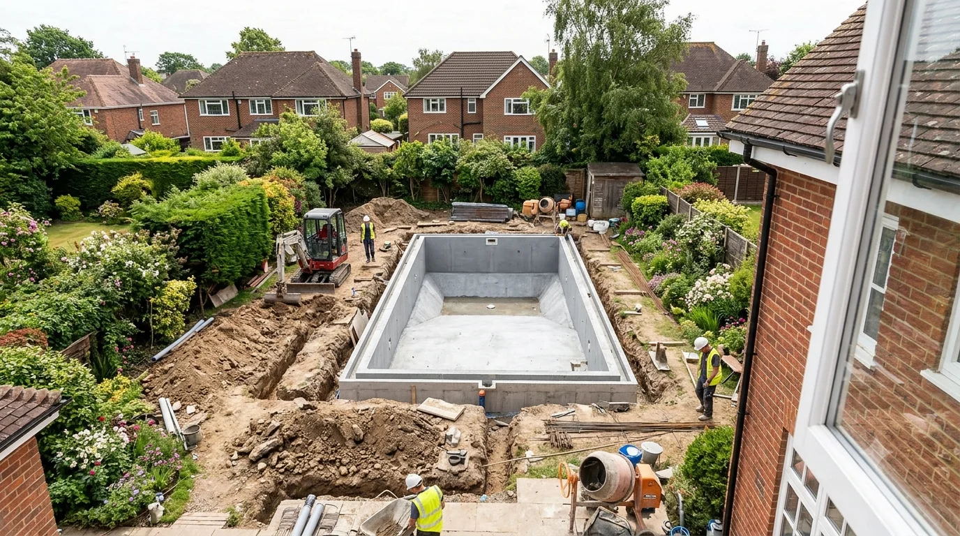 Outdoor in-ground swimming pool being constructed in a rear garden in England, showing excavation and concrete shell