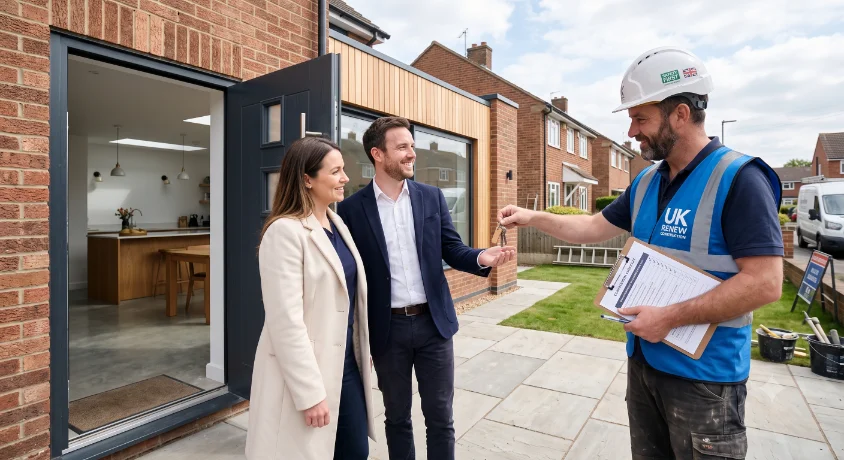 Contractor handing over keys to clients at completion of a house extension project