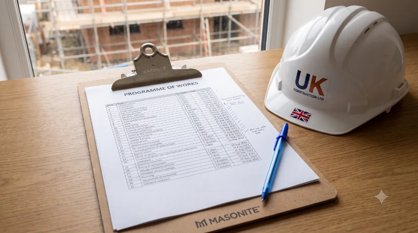 Programme of works document on a desk with a construction project schedule and hard hat