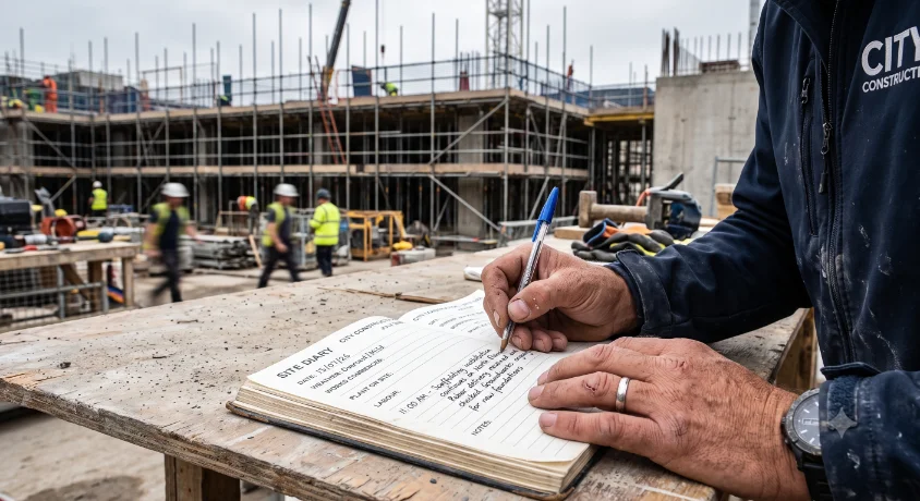 Site manager writing in a construction site diary on a clipboard at a building site