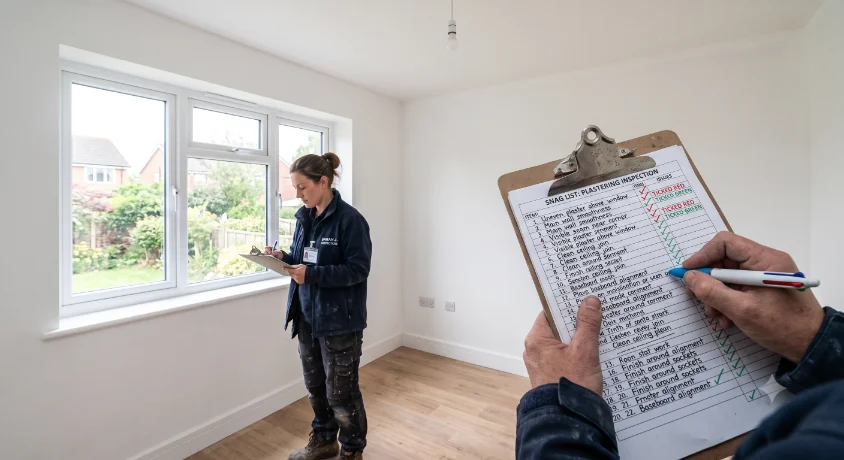 Builder inspecting finished room and marking defects on a snag list during handover
