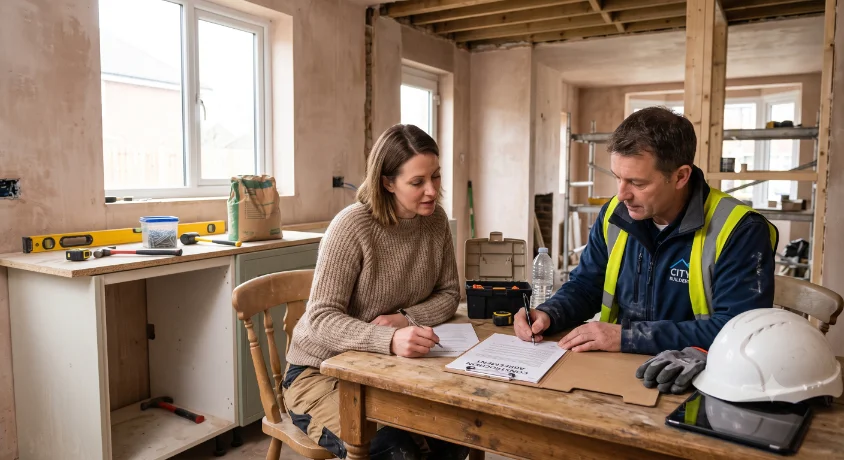 Contractor and client signing a variation order document on a construction site